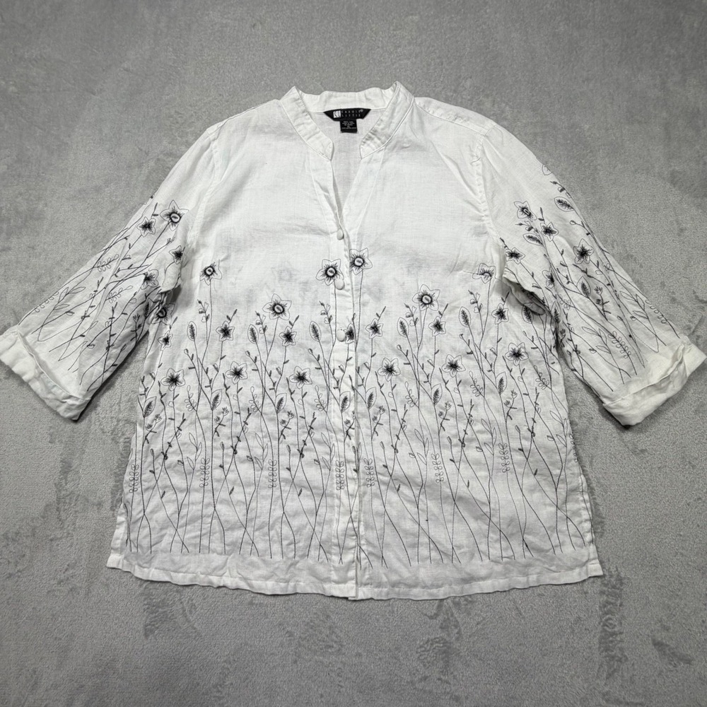 Vintage Carole Little White 100% Linen Floral Embroidered XL 90s Romantic Boho